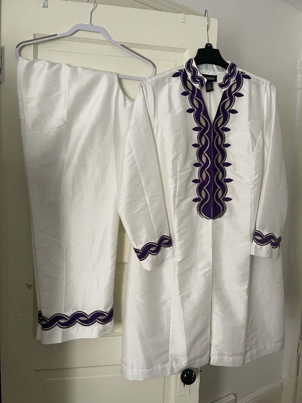 Ashro White And Purple Embroidered 2-Piece Pant Set Size 16